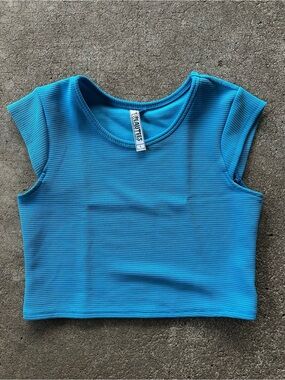 Beautees Blue Ribbed Cap Sleeve Crop Top